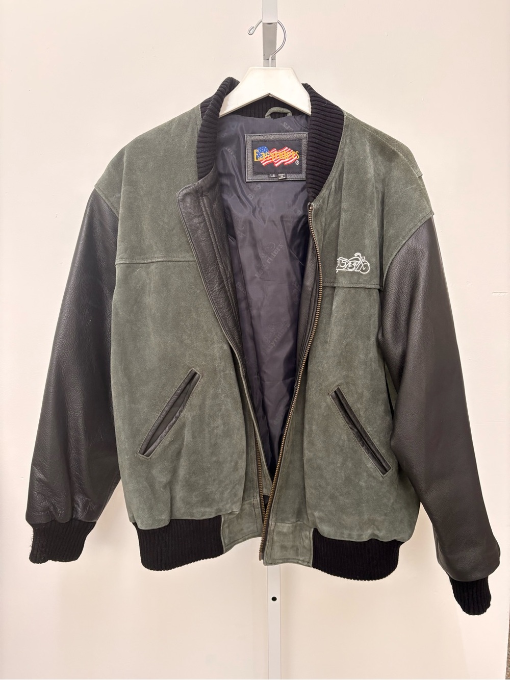 LG Olive Green Suede Bomber Jacket with Black Leather Sleeves